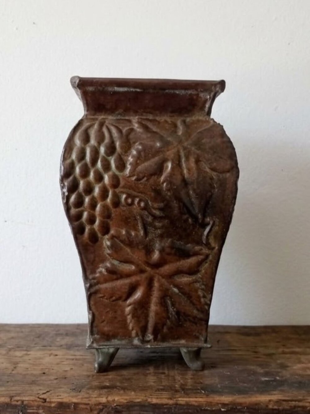 Vintage Hosley Metal Vase Antique Rustic Style Grape Embossed Made in India 9.5"